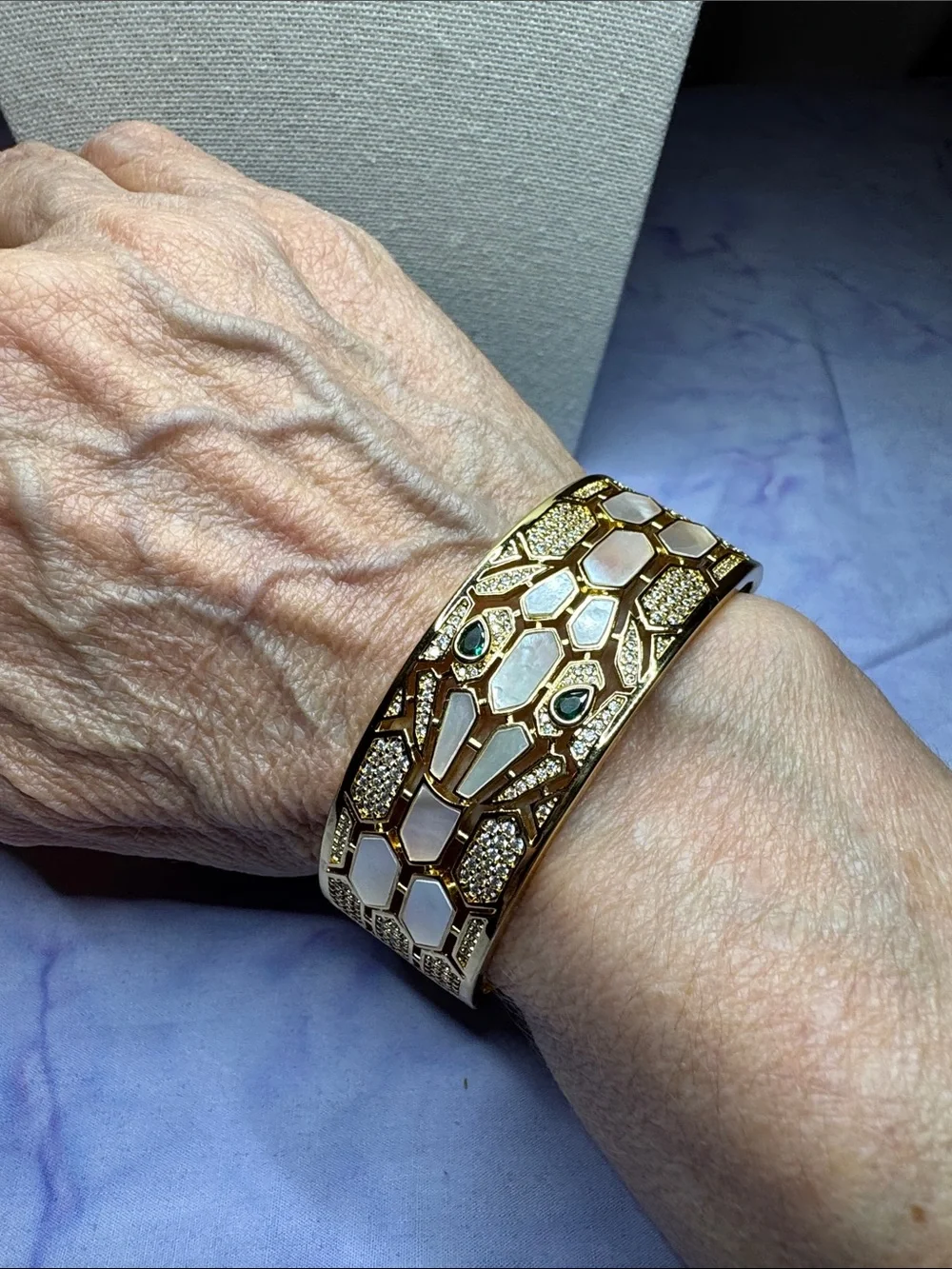 Gold-Tone Snake Cuff Bracelet with White Inlay and Green Stone Eyes - Picture 5 of 8